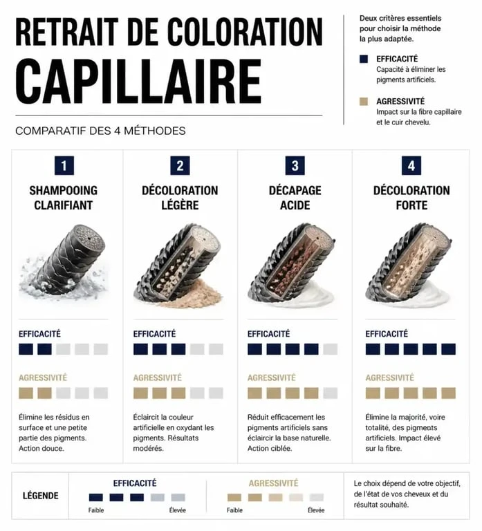 Infographie comparative des méthodes pour enlever une coloration cheveux