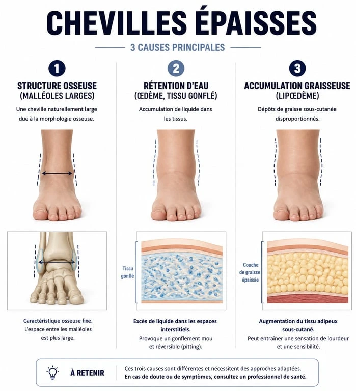 Infographie explicative sur les causes des chevilles épaisses : anatomie, rétention d'eau et graisse pour comprendre comment affiner ses chevilles.