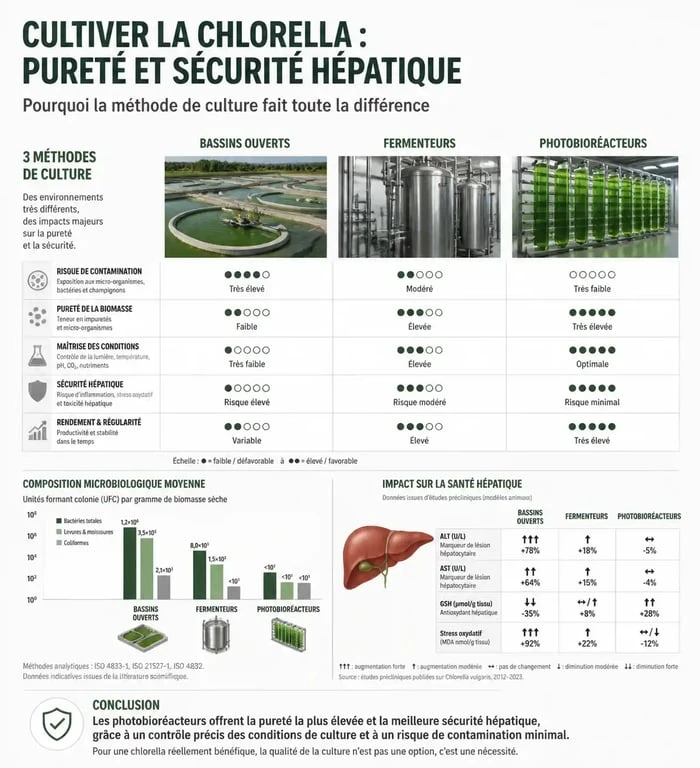 Infographie sur les méthodes de culture de la chlorella et les risques pour le foie