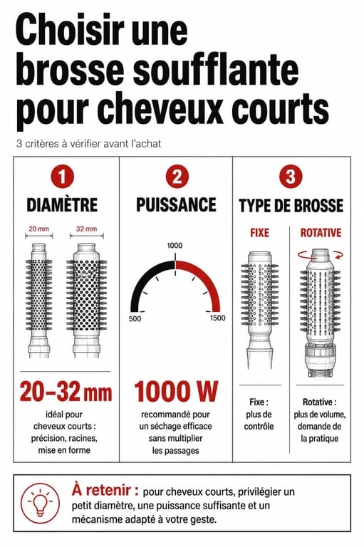 Infographie des critères de choix pour une brosse soufflante cheveux courts