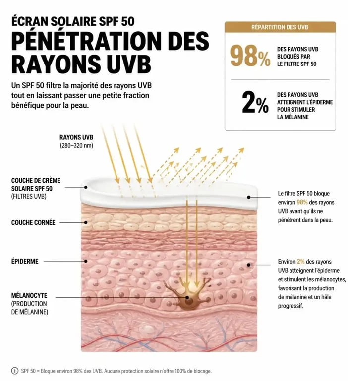 Schéma explicatif de l'efficacité d'une crème solaire indice 50 pour bronzer en toute sécurité