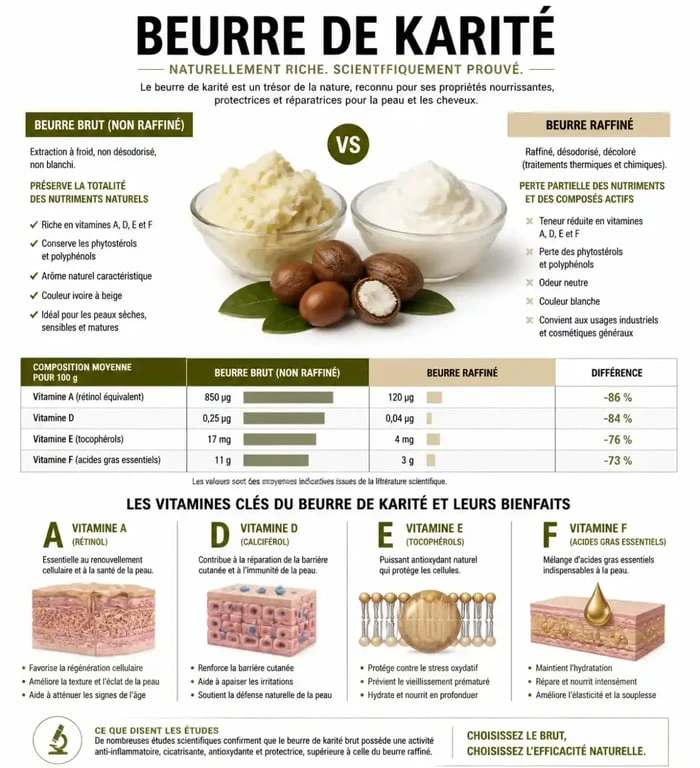 Infographie des bienfaits et utilisation du beurre de karité brut vs raffiné