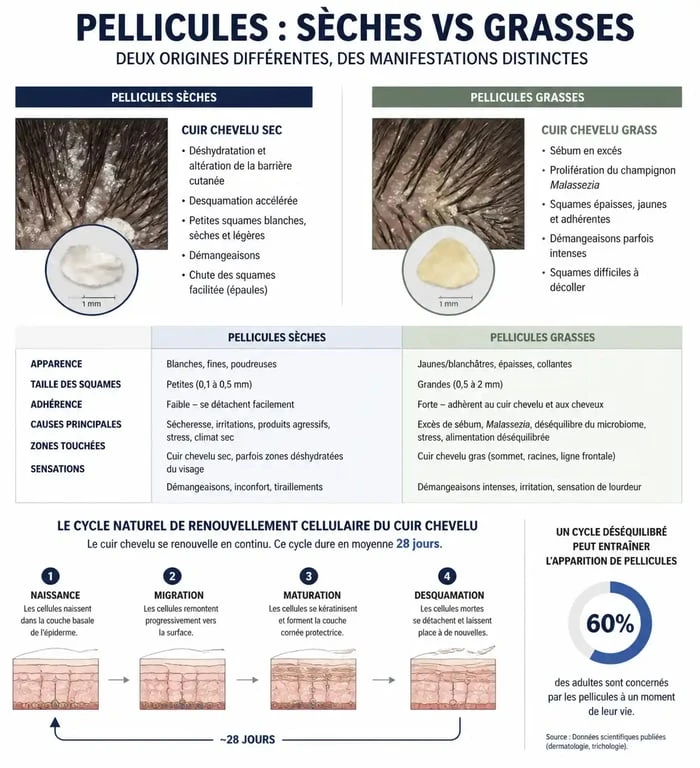 Infographie illustrant la différence entre pellicules sèches et grasses pour mieux comprendre comment enlever les pellicules sans se laver les cheveux.