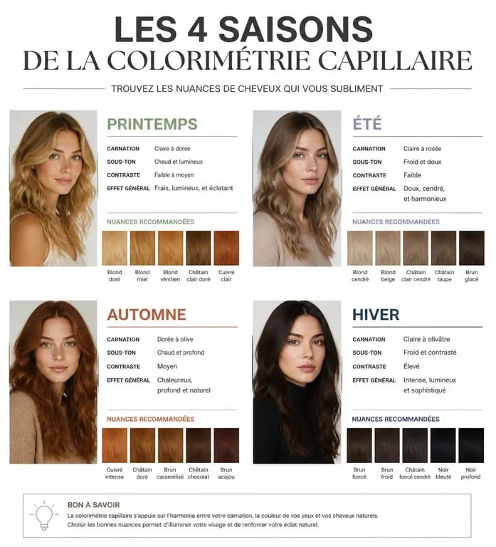 Infographie des saisons de la colorimétrie pour choisir quelle couleur de cheveux adopter selon son teint