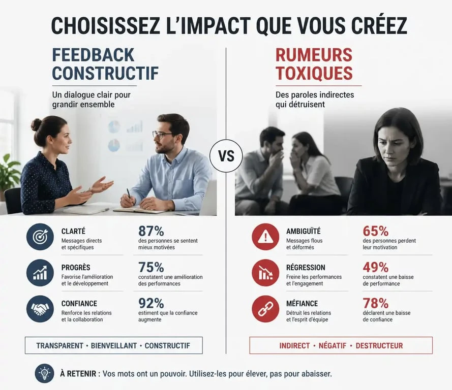 Infographie comparative entre critique constructive et médisance d'un collègue qui critique dans le dos au travail