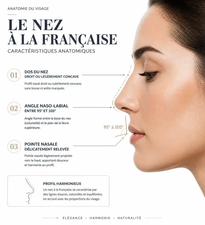 Schéma anatomique des caractéristiques d'un French nose idéal avec angles et proportions