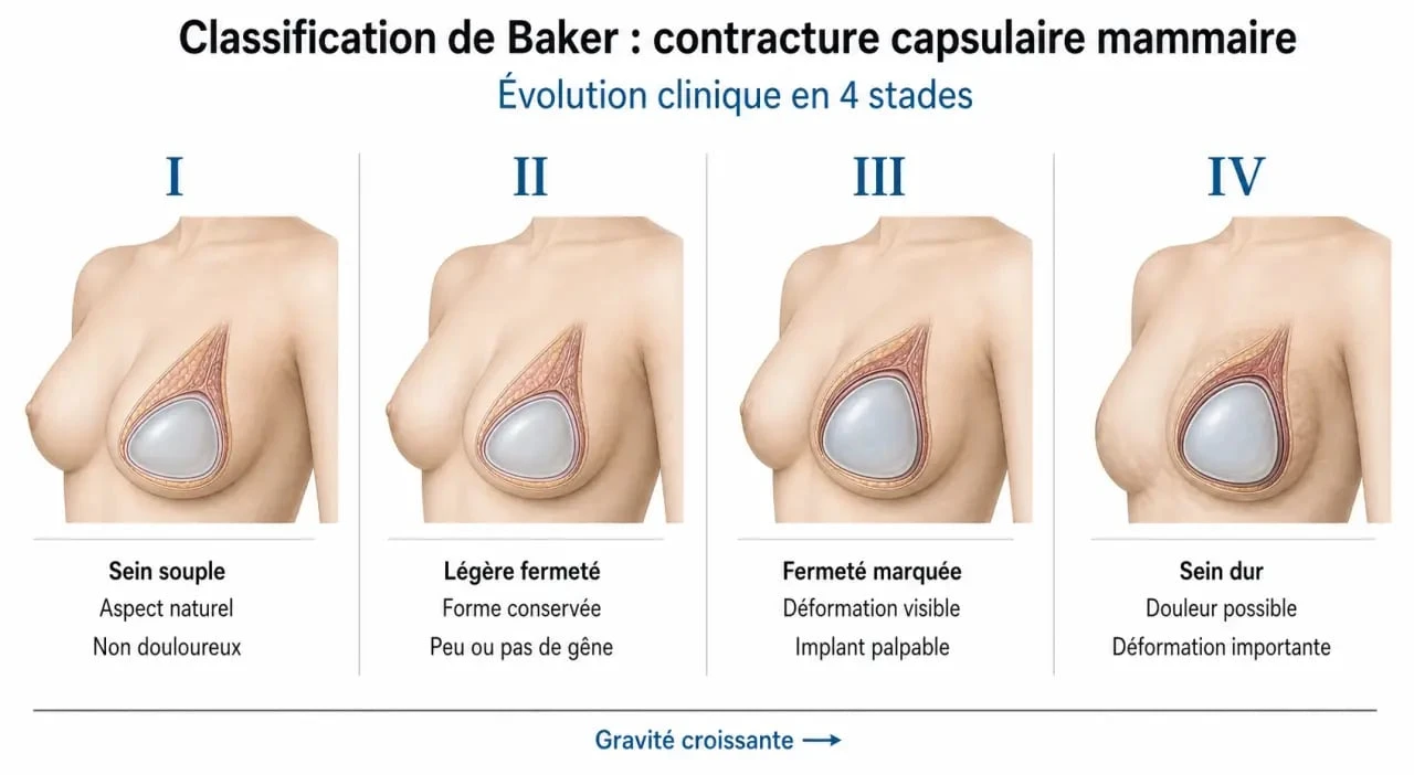 Schéma explicatif des 4 stades de la classification de Baker pour la coque mammaire