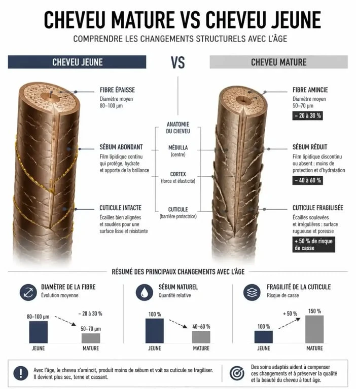 Infographie illustrant le vieillissement capillaire et la structure du cheveu mature pour le choix du meilleur shampoing pour cheveux matures