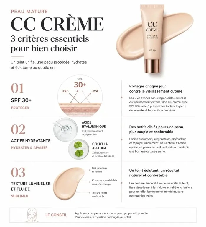 Infographie des critères de choix pour la meilleure CC crème pour peau mature