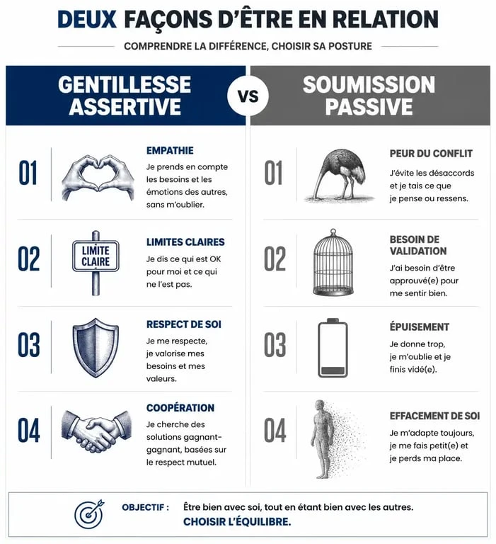 Différence entre gentillesse assertive et soumission pour apprendre à être gentille sans se faire marcher dessus