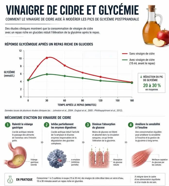 Schéma explicatif du mécanisme d'action du vinaigre de cidre sur la glycémie pour la perte de poids