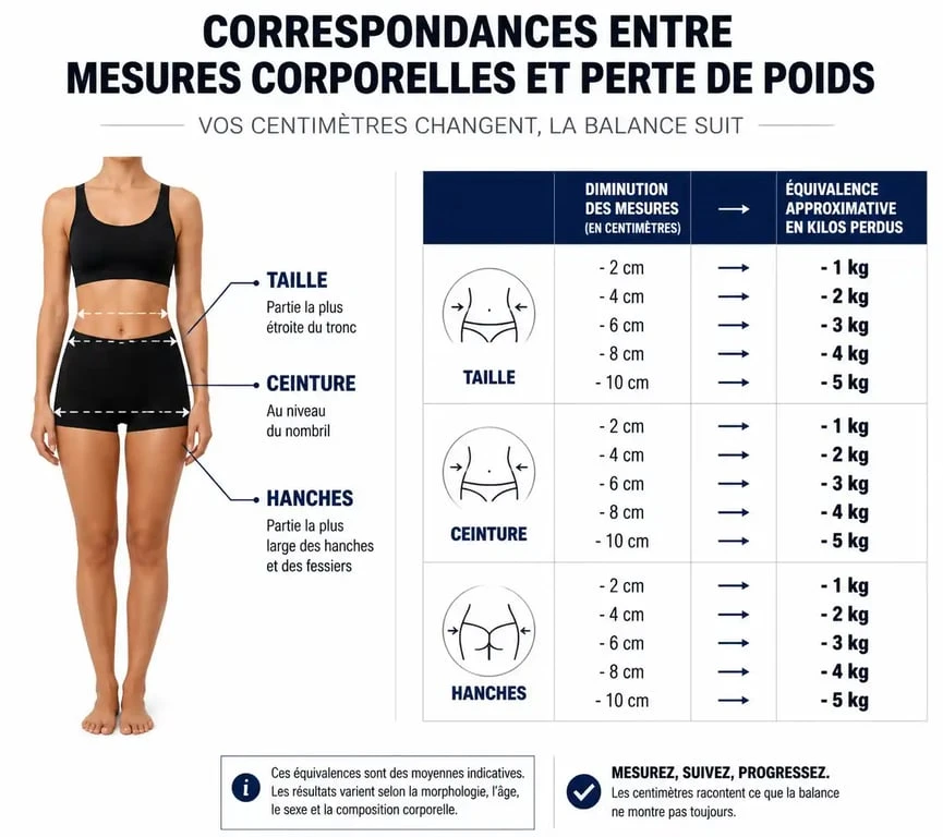 Infographie montrant comment estimer sa variation de poids sans balance via les mesures corporelles