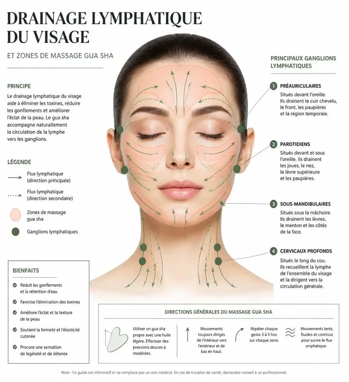 Infographie des bienfaits du gua sha et des zones de drainage lymphatique sur le visage