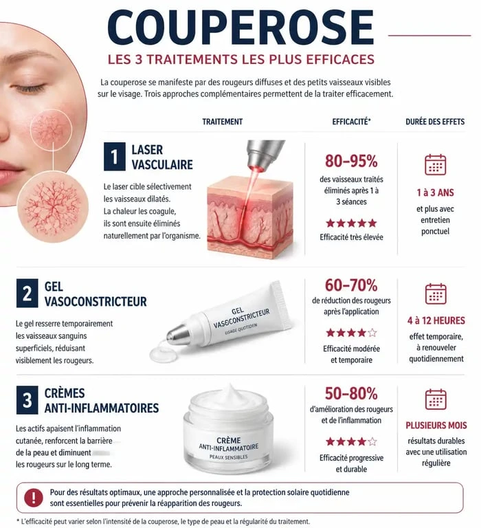 Infographie comparative des traitements pour une couperose disparue : laser, gel et crèmes.
