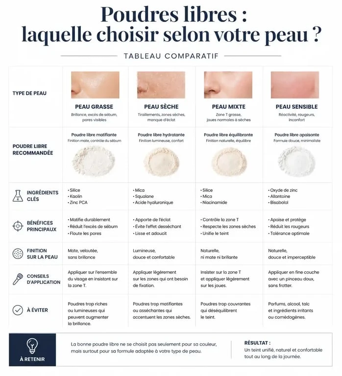 Tableau comparatif des meilleures poudres libres selon le type de peau pour un teint parfait.
