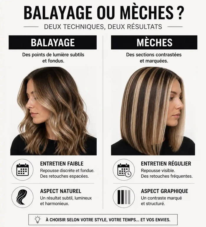 Tableau comparatif illustré montrant la différence entre balayage et mèches pour choisir sa coloration