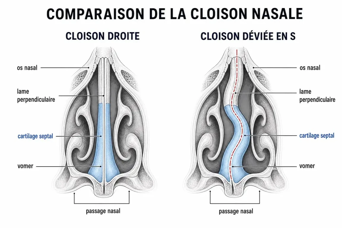 Schéma anatomique comparatif d'un nez tordu avec déviation de la cloison nasale