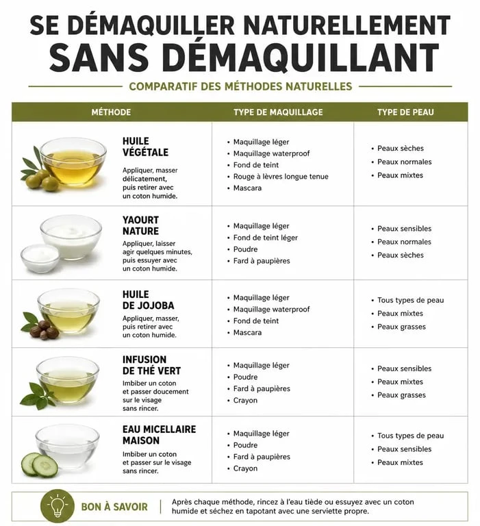Infographie récapitulative des méthodes naturelles pour savoir comment se démaquiller sans démaquillant efficacement.