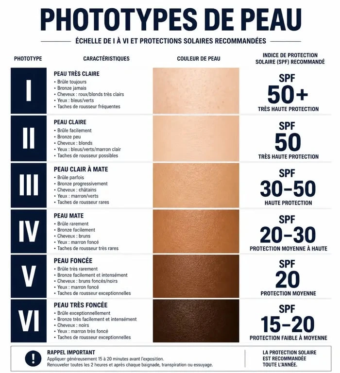 Infographie des phototypes de peau et indices SPF recommandés pour bronzer en toute sécurité