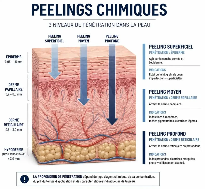 Schéma explicatif des différents types de peeling et leur profondeur d'action dans la peau