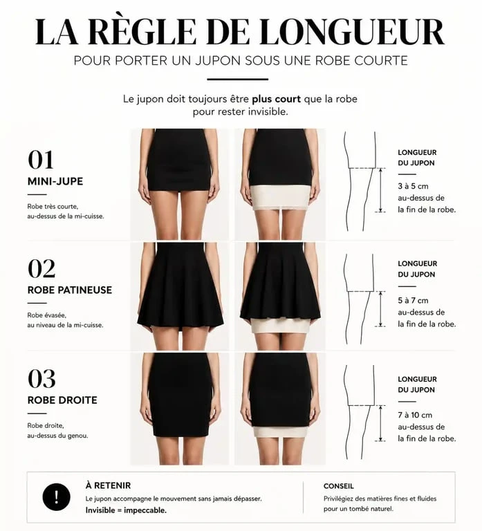 Infographie sur la longueur idéale d'un jupon sous une robe courte pour éviter la transparence et assurer un tombé impeccable.