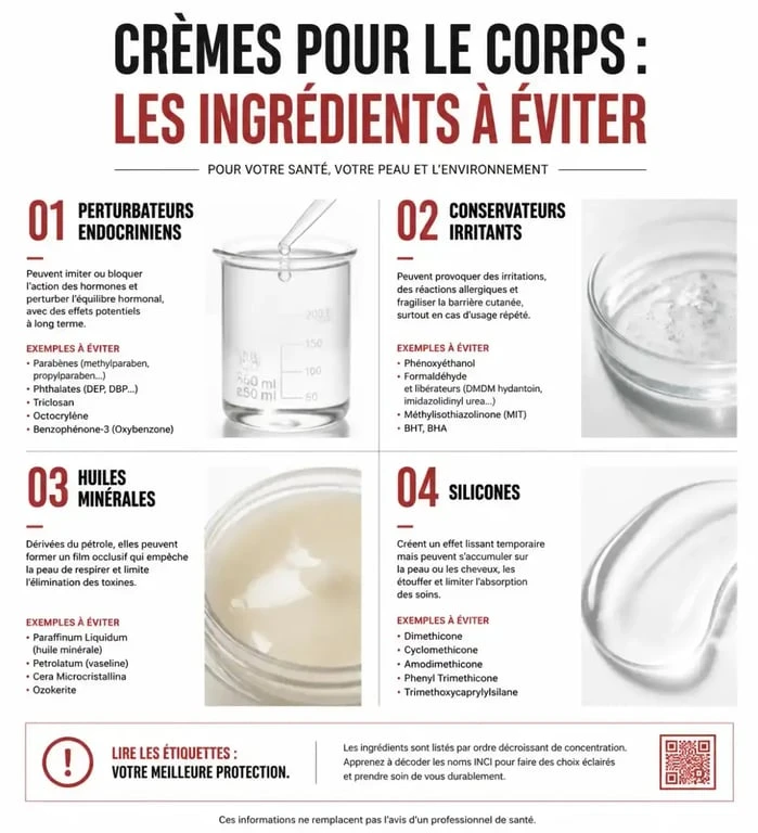 Infographie des ingrédients à éviter dans la meilleure crème corps selon 60 Millions de Consommateurs