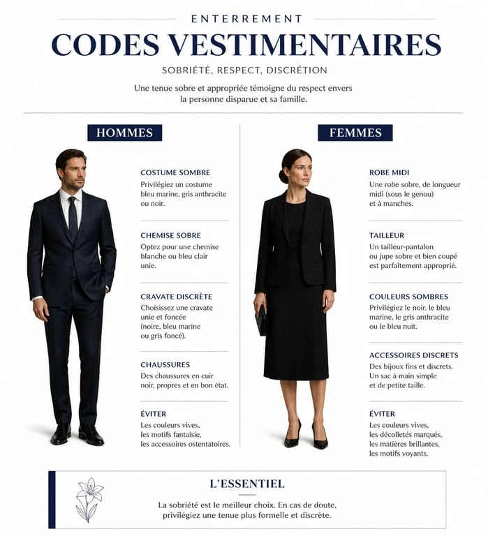 Guide visuel des codes vestimentaires pour savoir comment s'habiller pour un enterrement avec respect et sobriété.