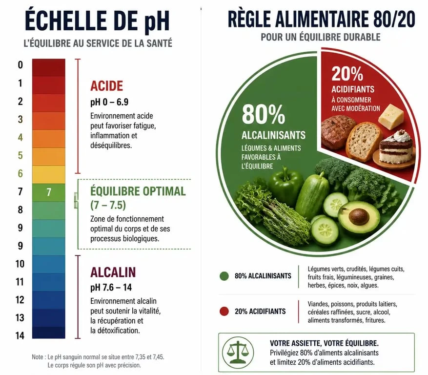Infographie sur l'équilibre acido-basique et les 4 signes que votre corps est trop acide