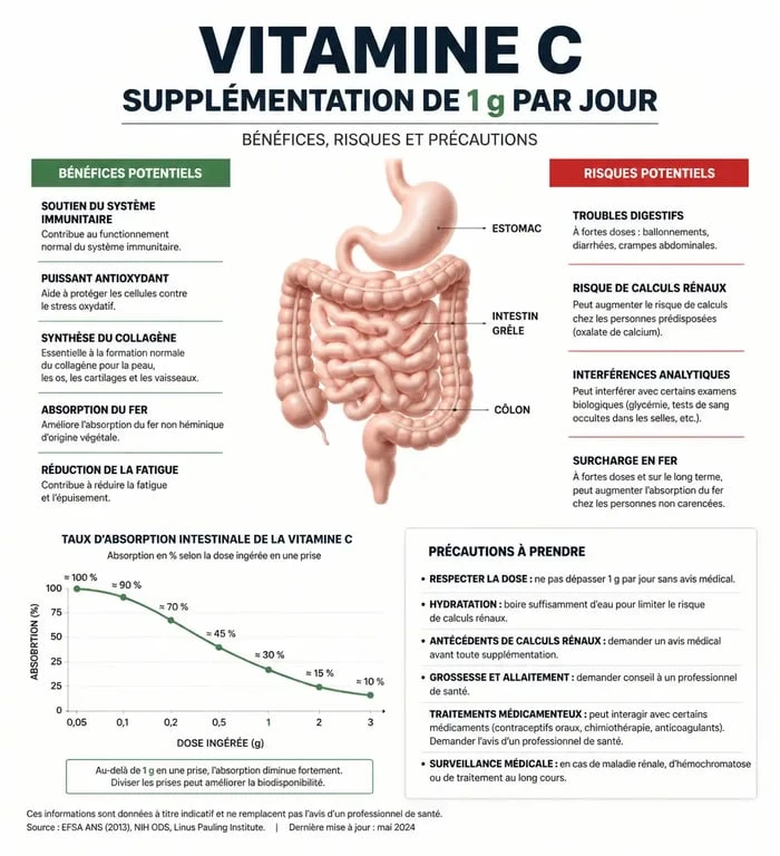 Infographie sur les effets, bénéfices et risques d'une supplémentation de 1g de vitamine C par jour pour la santé.