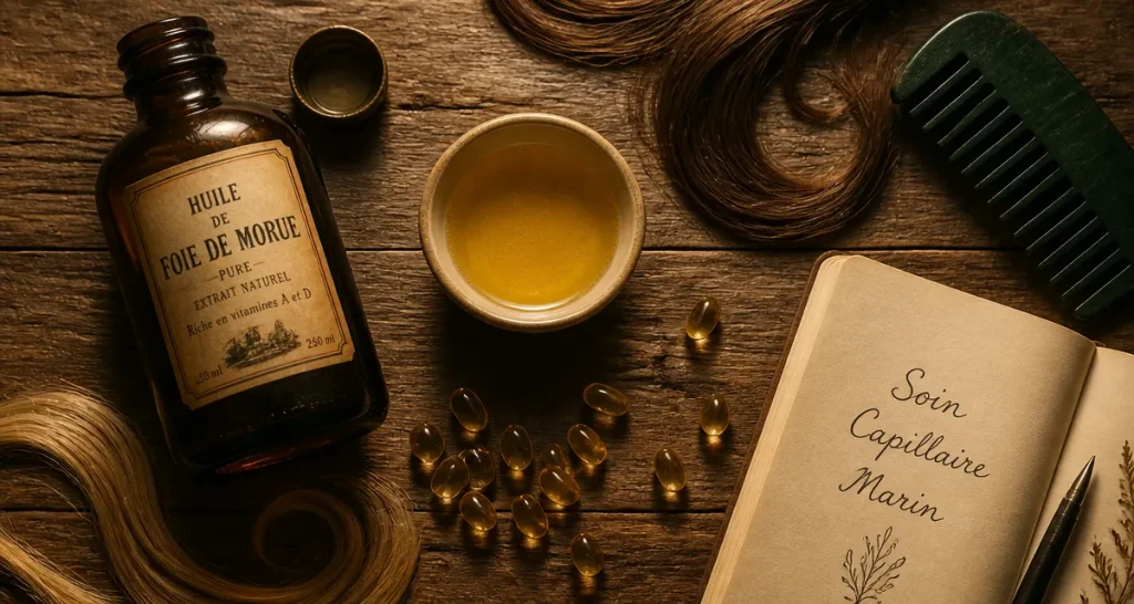 huile foie de morue bienfaits cheveux sur table avec capsules et peigne