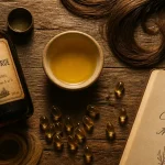huile foie de morue bienfaits cheveux sur table avec capsules et peigne