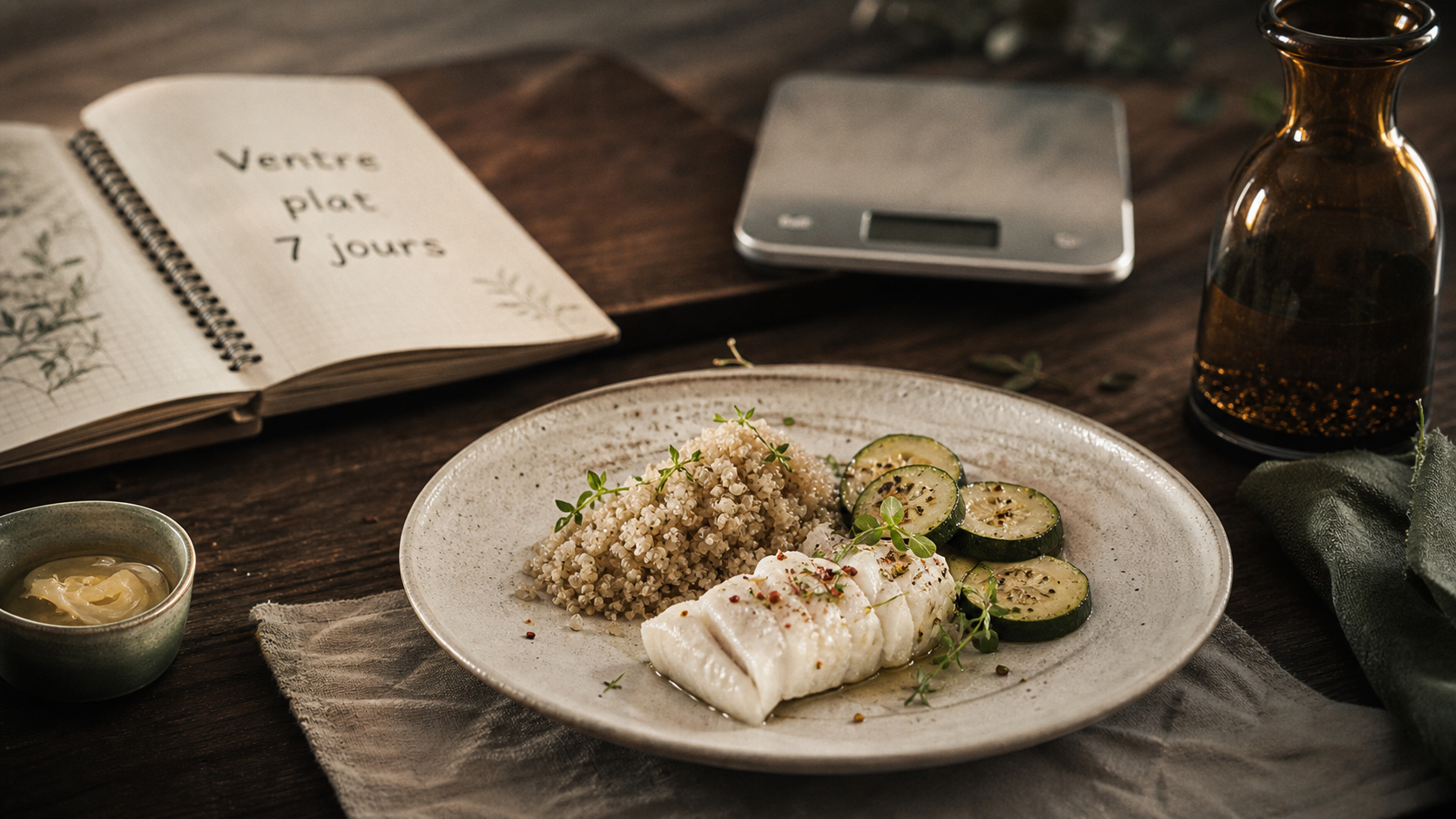Recette ventre plat en 1 semaine : cabillaud vapeur, quinoa et courgettes