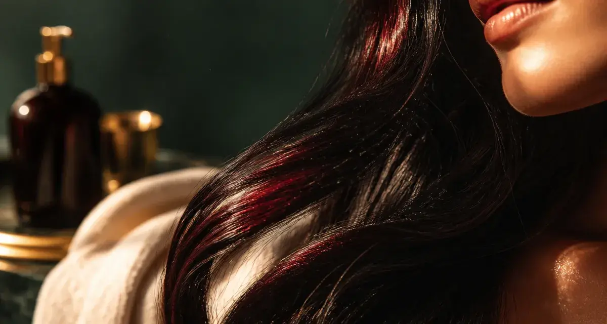 Reflet rouge sur cheveux noir, brillance intense sans décoloration