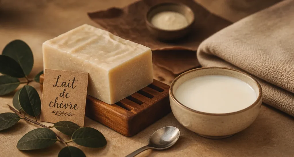 Savon lait de chèvre bienfaits dermatologiques sur porte-savon en bois