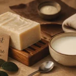 Savon lait de chèvre bienfaits dermatologiques sur porte-savon en bois