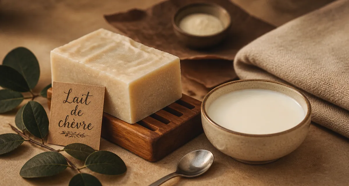 Savon lait de chèvre bienfaits dermatologiques sur porte-savon en bois