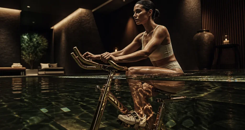 séance aquabike femme sur vélo piscine