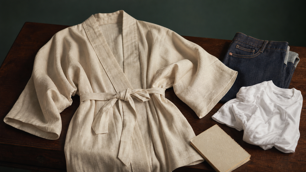Veste kimono en lin crème sur pupitre bois, coutures visibles