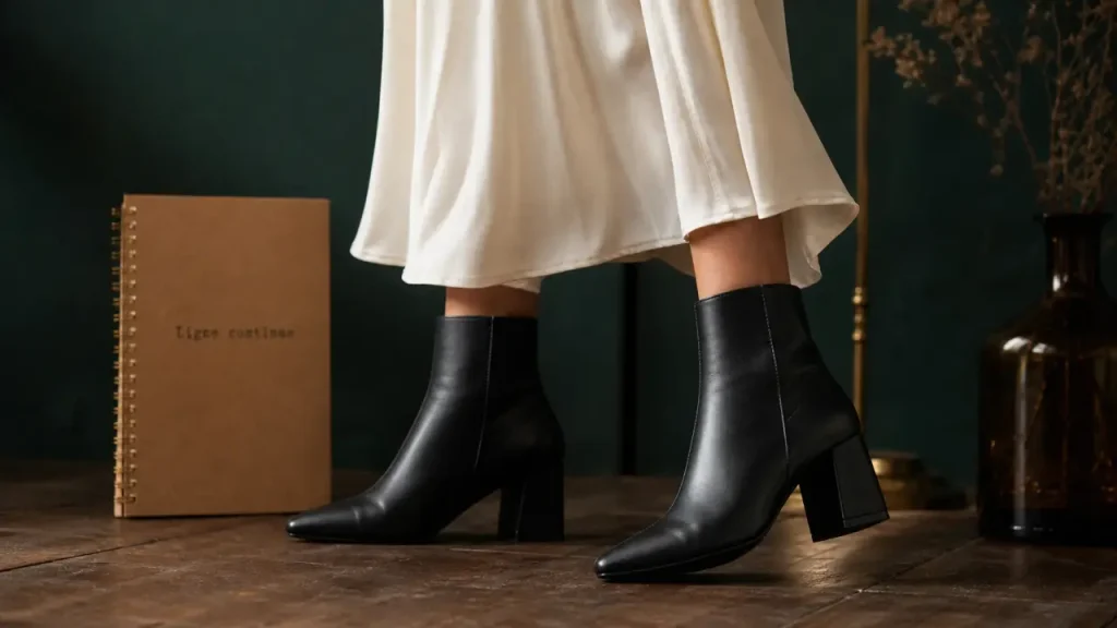 Bottine robe : bottines noires et robe midi pour allonger la jambe