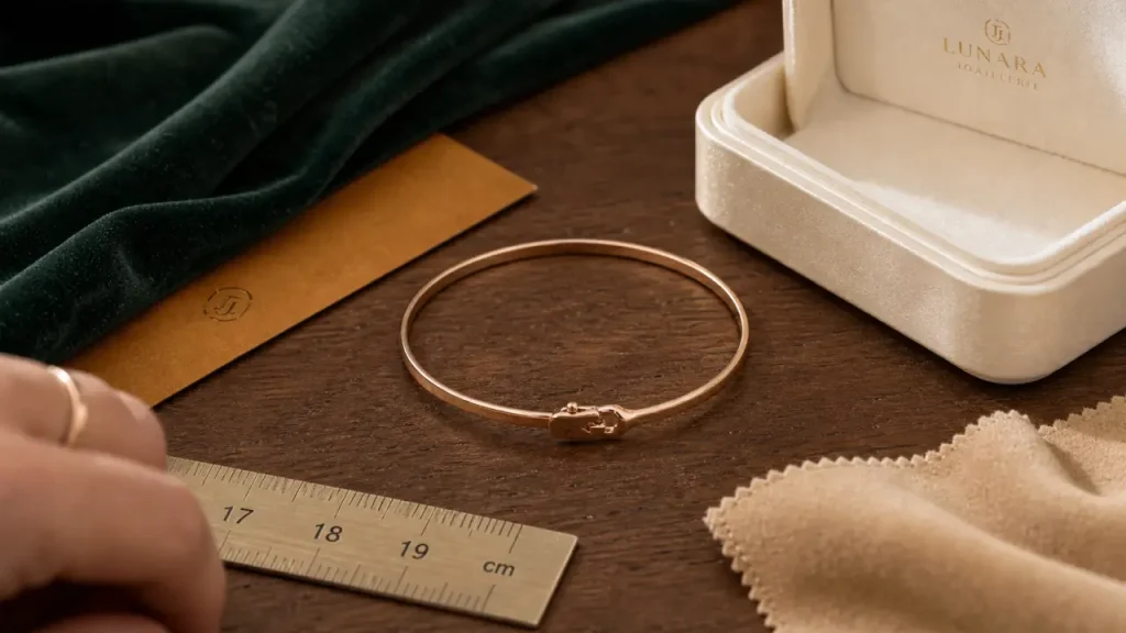Bracelet rose or 18 carats, jonc minimaliste, sur table en bois