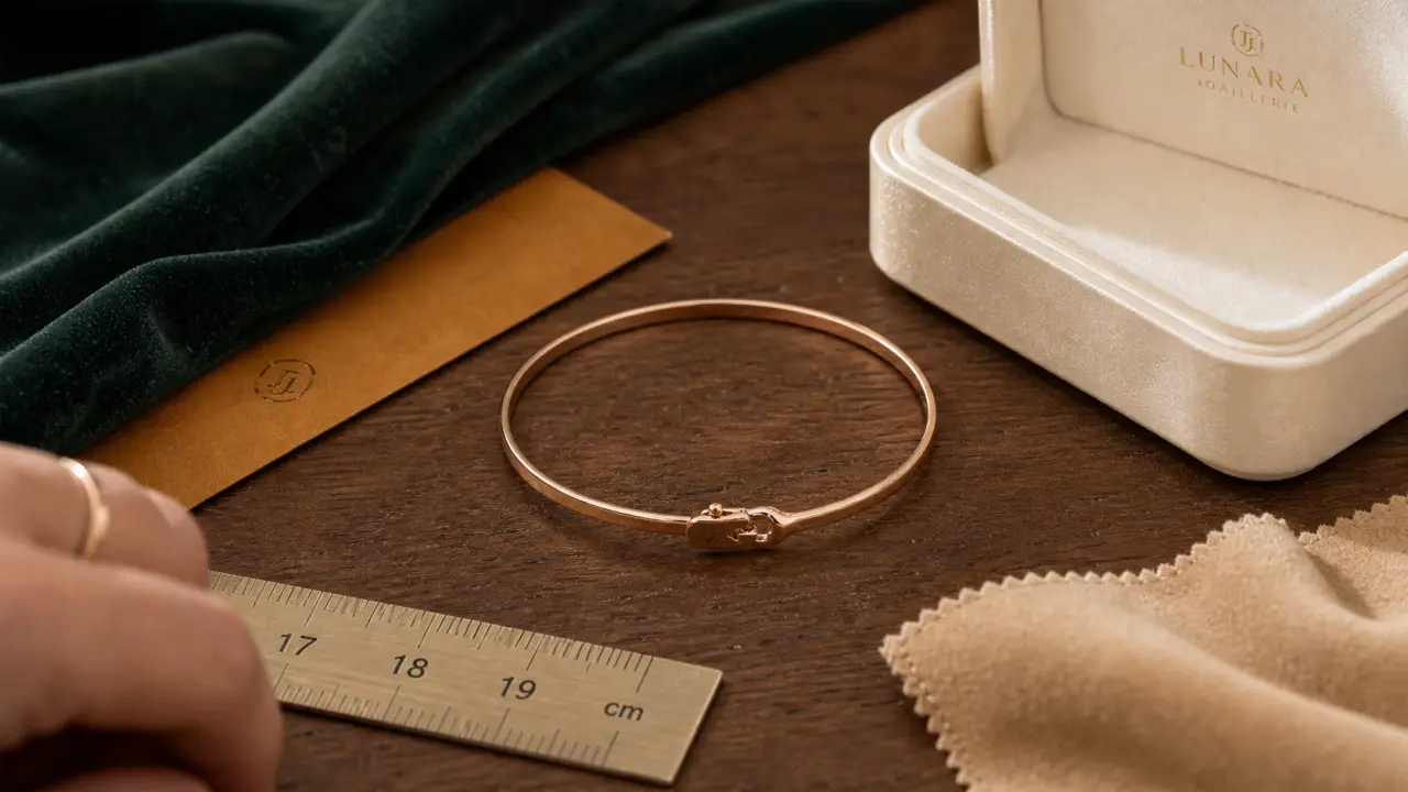 Bracelet rose or 18 carats, jonc minimaliste, sur table en bois