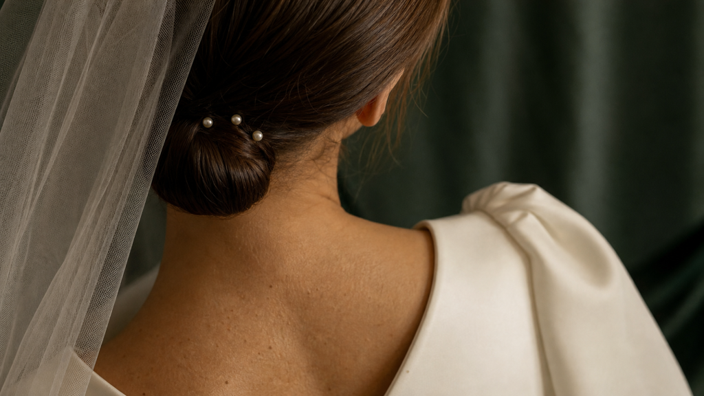Chignon bas mariage lissé avec voile crème et perles fines