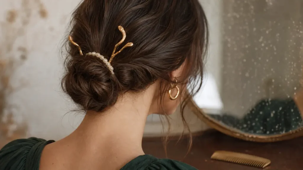 Coiffure bohème simple : chignon bas flou, tresse souple et volume léger
