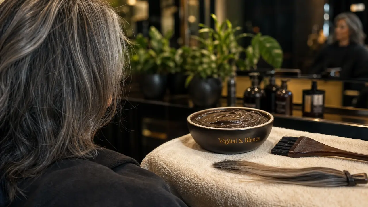 Coloration végétale cheveux blancs : pâte végétale et mèches poivre et sel prêtes au salon