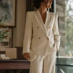 Costume femme mariage : tailleur élégant en lin blanc cassé devant une baie vitrée