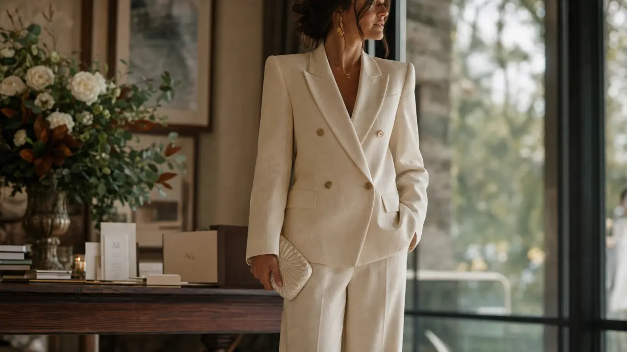 Costume femme mariage : tailleur élégant en lin blanc cassé devant une baie vitrée