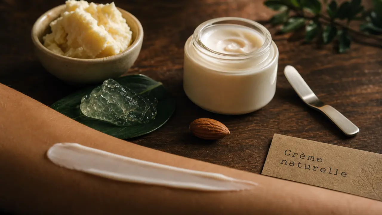 Crème naturelle pour le corps : pot et ingrédients, gel aloe et karité