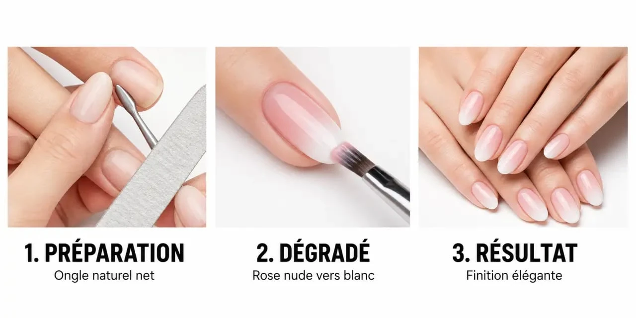 Ongle baby boomer en dégradé rose nude et blanc, sur mains soignées