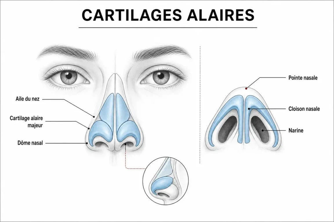 Schéma anatomique des ailes du nez et des cartilages alaires pour comprendre la structure nasale