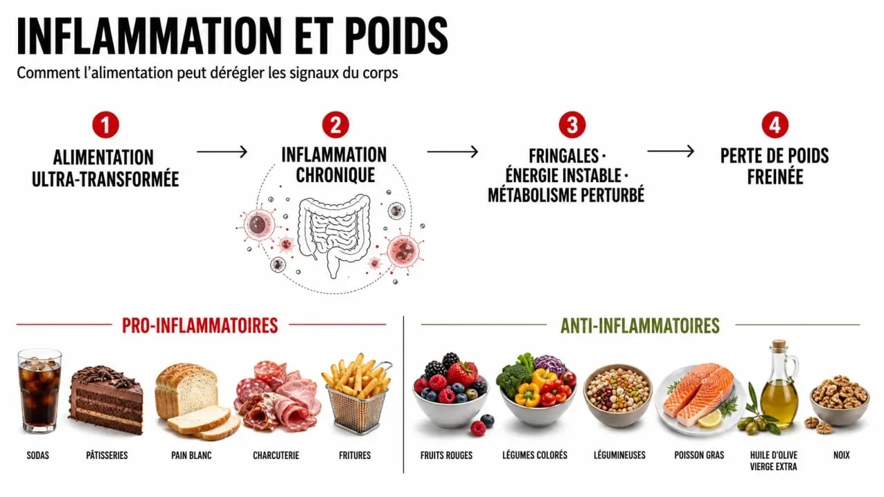 Régime anti-inflammatoire perte de poids : schéma visuel montrant le lien entre inflammation chronique, fringales et perte de poids freinée